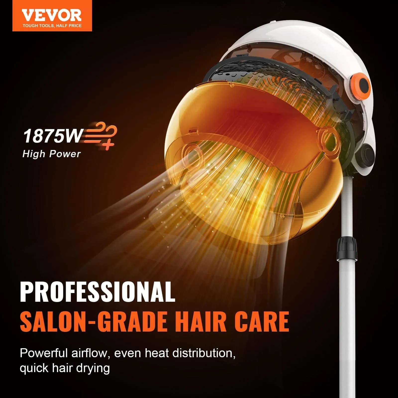 image-VEVOR Professional Hooded Dryer, 1875W High-Power Bonnet Hair Dryer, Sit Under Hair Dryer with Timer, 3 Temp Settings & Wind Speed, Floor Standing Rolling Base with Wheels for Beauty Salon Home Spa