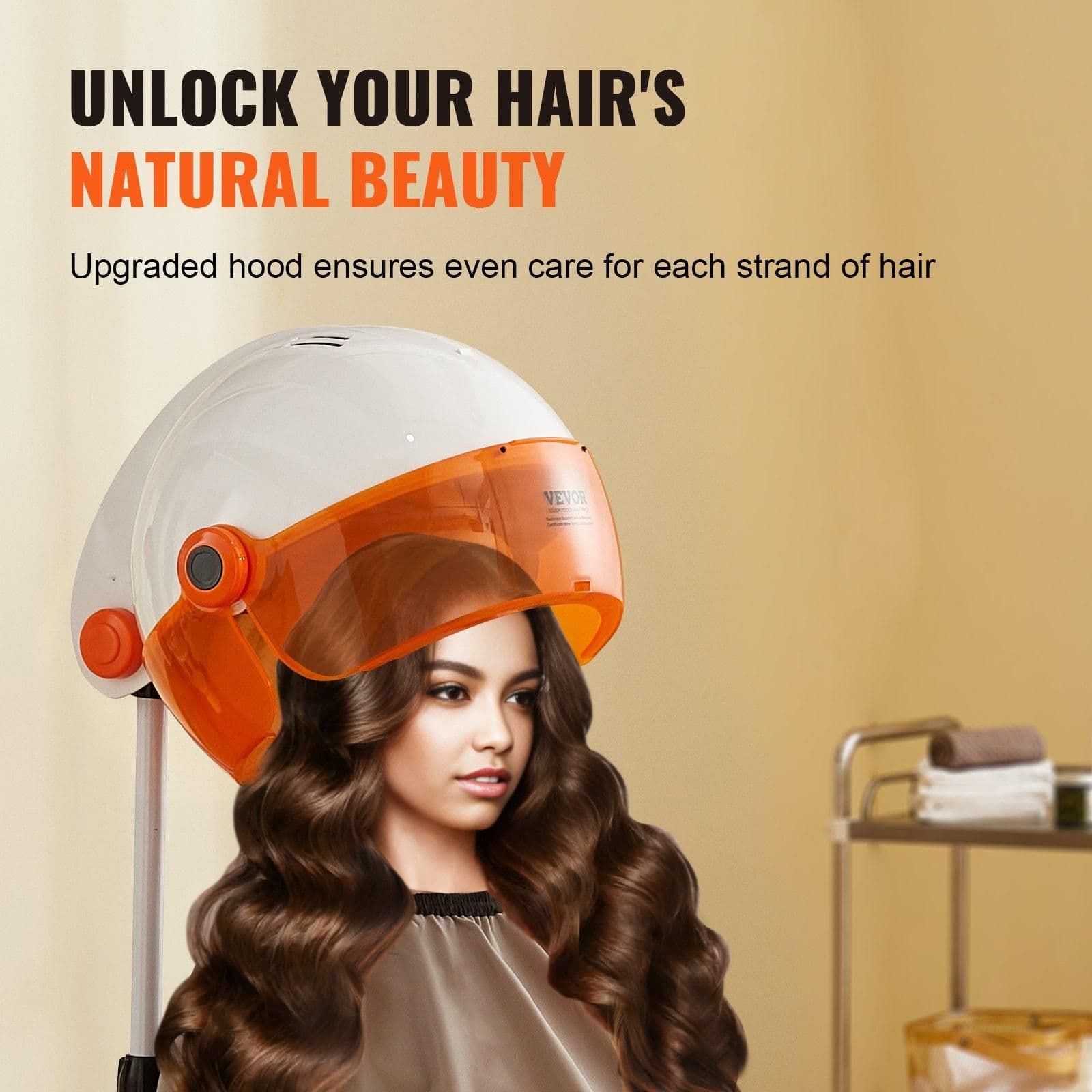 image-VEVOR Professional Hooded Dryer, 1875W High-Power Bonnet Hair Dryer, Sit Under Hair Dryer with Timer, 3 Temp Settings & Wind Speed, Floor Standing Rolling Base with Wheels for Beauty Salon Home Spa