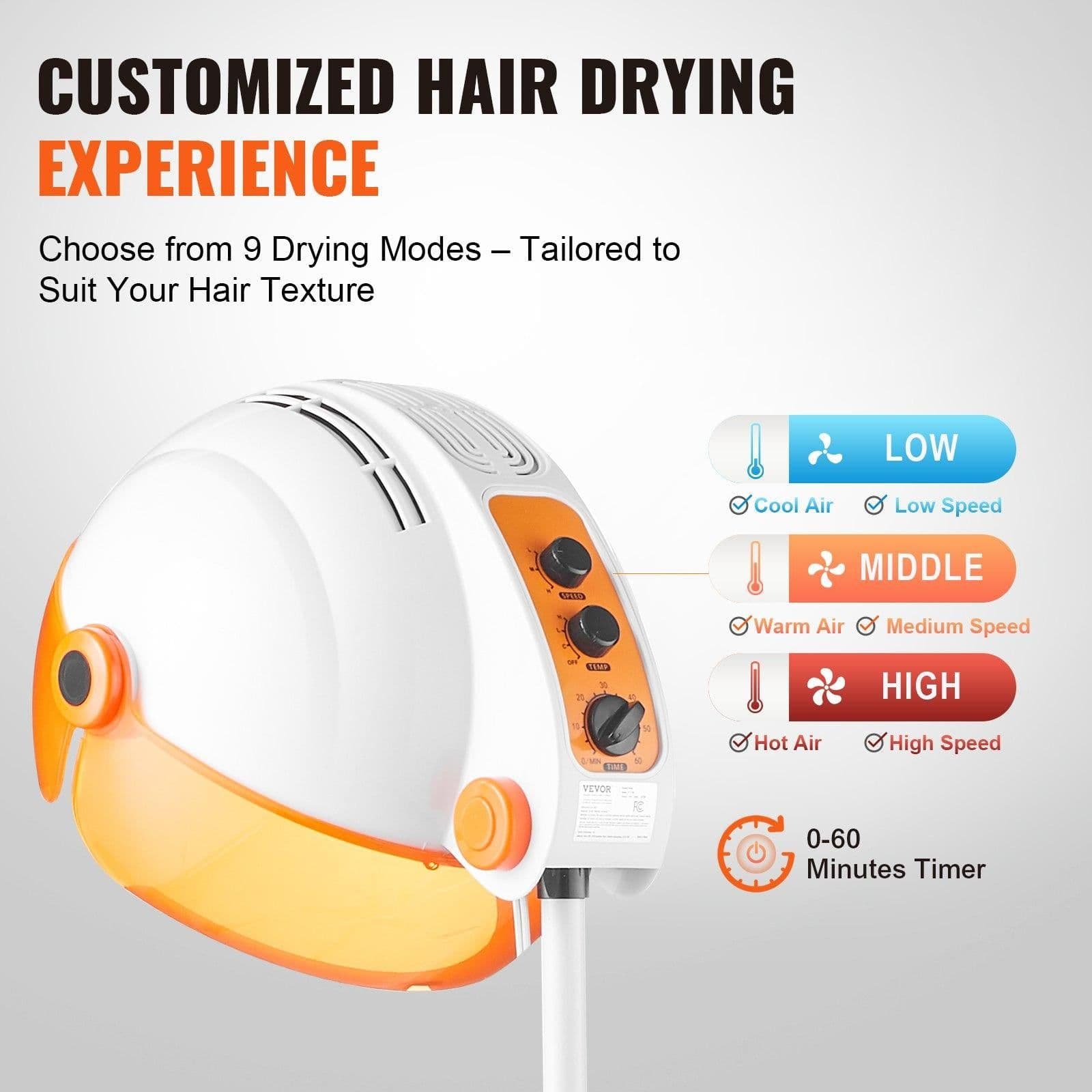 image-VEVOR Professional Hooded Dryer, 1875W High-Power Bonnet Hair Dryer, Sit Under Hair Dryer with Timer, 3 Temp Settings & Wind Speed, Floor Standing Rolling Base with Wheels for Beauty Salon Home Spa