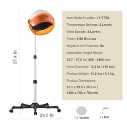image-VEVOR Professional Hooded Dryer, 1875W High-Power Bonnet Hair Dryer, Sit Under Hair Dryer with Timer, 3 Temp Settings & Wind Speed, Floor Standing Rolling Base with Wheels for Beauty Salon Home Spa