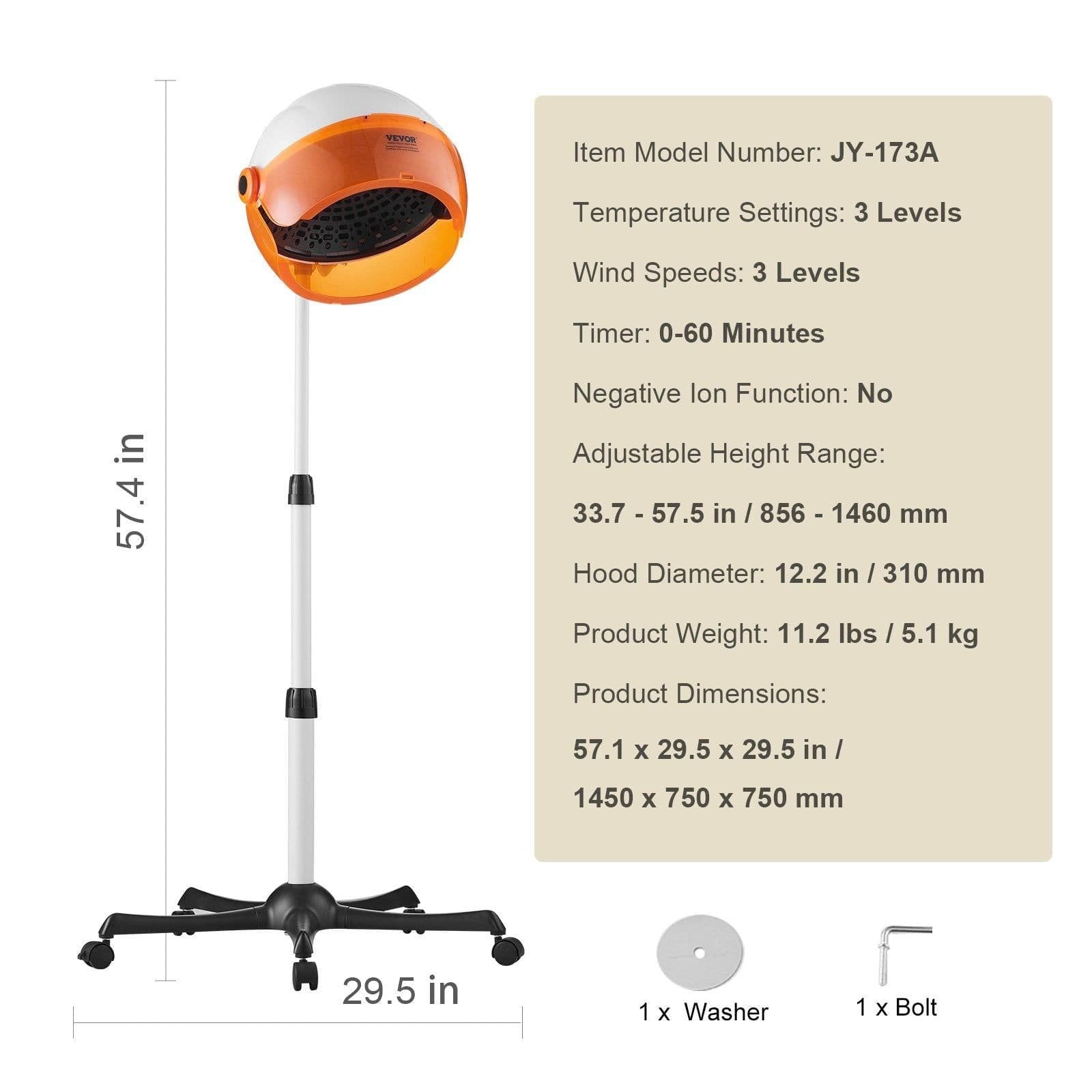 image-VEVOR Professional Hooded Dryer, 1875W High-Power Bonnet Hair Dryer, Sit Under Hair Dryer with Timer, 3 Temp Settings & Wind Speed, Floor Standing Rolling Base with Wheels for Beauty Salon Home Spa