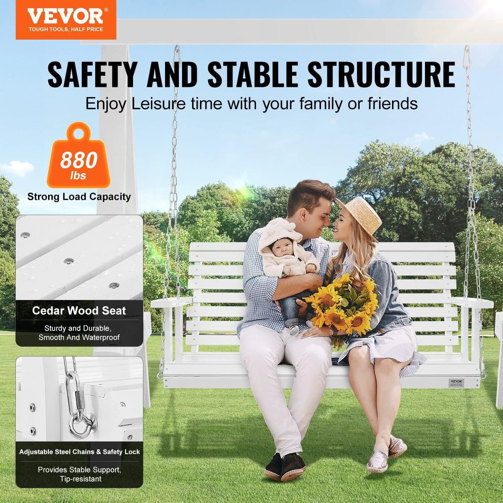 image-VEVOR Wooden Porch Swing 4.5 ft, Patio bench swing for Courtyard & Garden, Upgraded 880 lbs Strong Load Capacity, Heavy Duty Swing Chair Bench with Hanging Chains for Outdoors, White