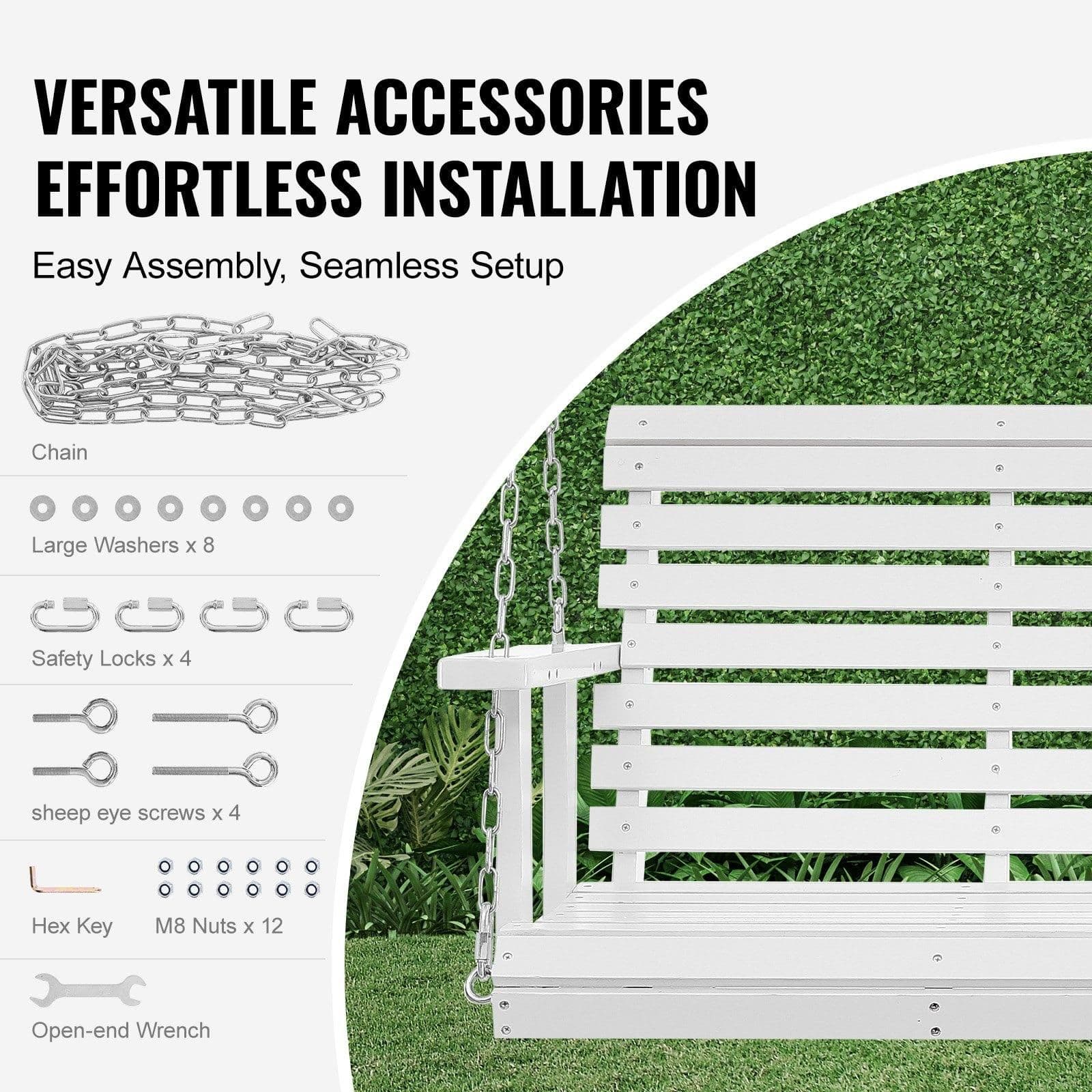 image-VEVOR Wooden Porch Swing 4.5 ft, Patio bench swing for Courtyard & Garden, Upgraded 880 lbs Strong Load Capacity, Heavy Duty Swing Chair Bench with Hanging Chains for Outdoors, White