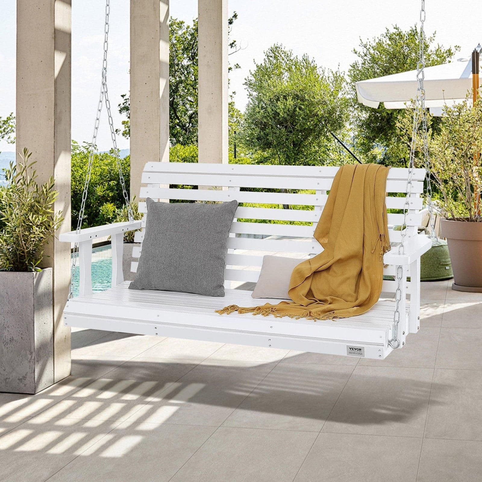 image-VEVOR Wooden Porch Swing 4.5 ft, Patio bench swing for Courtyard & Garden, Upgraded 880 lbs Strong Load Capacity, Heavy Duty Swing Chair Bench with Hanging Chains for Outdoors, White