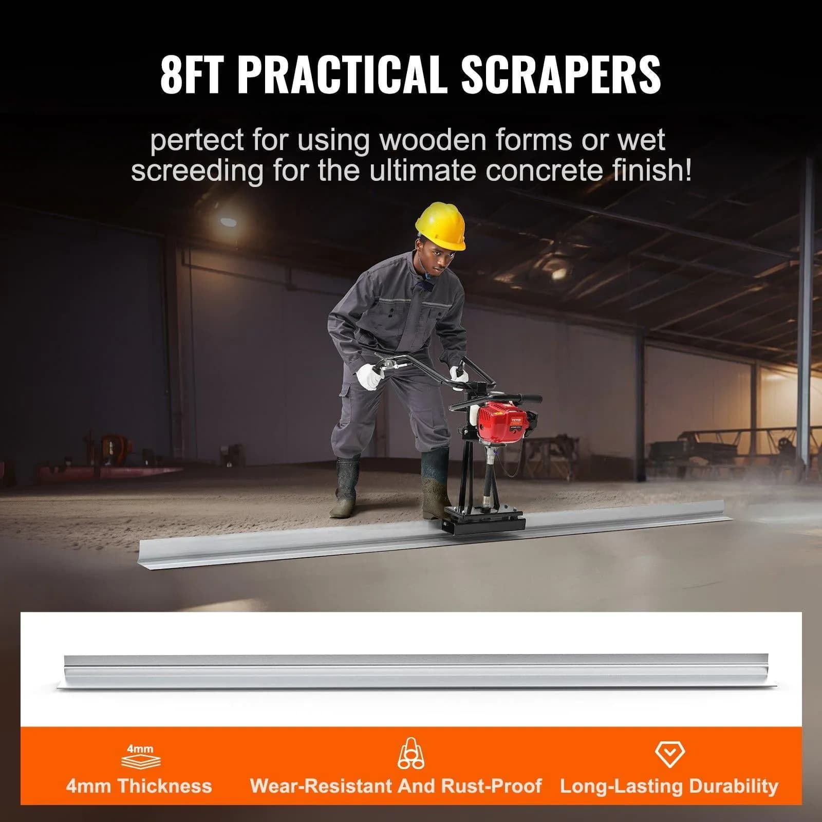 image-VEVOR Gas Concrete Power Screed, 8ft Aluminum Board Straight Edge Bar Set, 4 Stroke Cement Finishing Vibrating Motor with Height Adjustable Handles, High Efficient Concrete Tools 6500RPM
