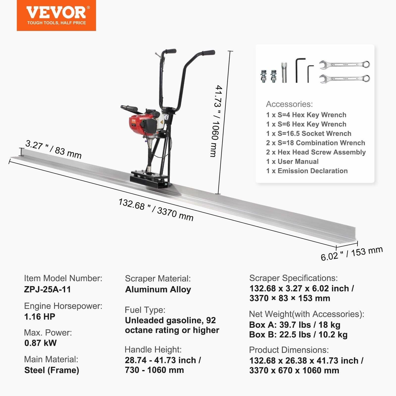 image-VEVOR Gas Concrete Power Screed, 11ft Aluminum Board Straight Edge Bar Set, 4 Stroke Cement Finishing Vibrating Motor with Height Adjustable Handles, High Efficient Concrete Tools 6500RPM