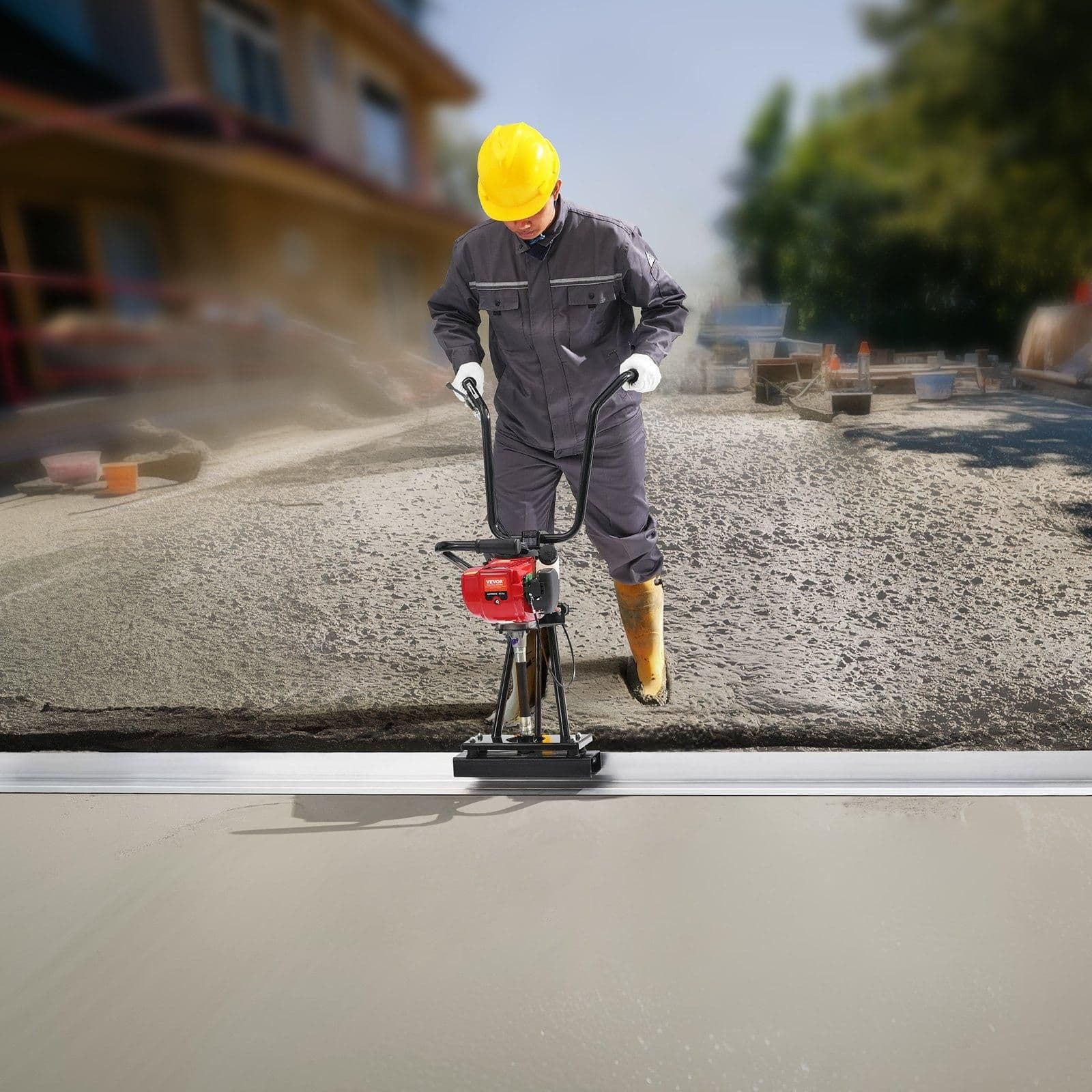 image-VEVOR Gas Concrete Power Screed, 11ft Aluminum Board Straight Edge Bar Set, 4 Stroke Cement Finishing Vibrating Motor with Height Adjustable Handles, High Efficient Concrete Tools 6500RPM