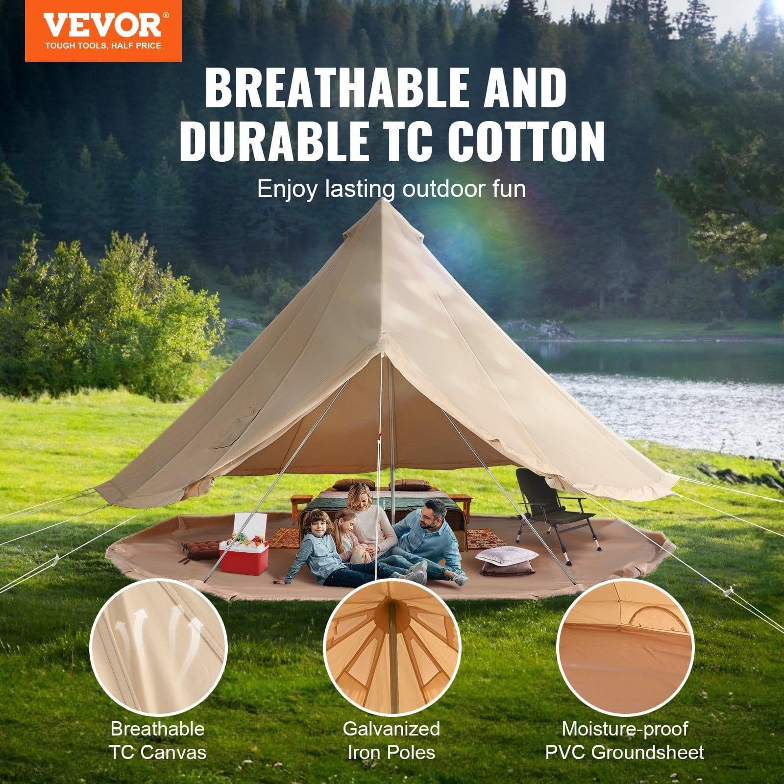 image-VEVOR 12 Person Canvas Glamping Bell Tent, Breathable Waterproof Large Yurt Tent with Stove Jack and Detachable Side Wall for Family Camping, 23'x23'x137"(Diameter 7M)