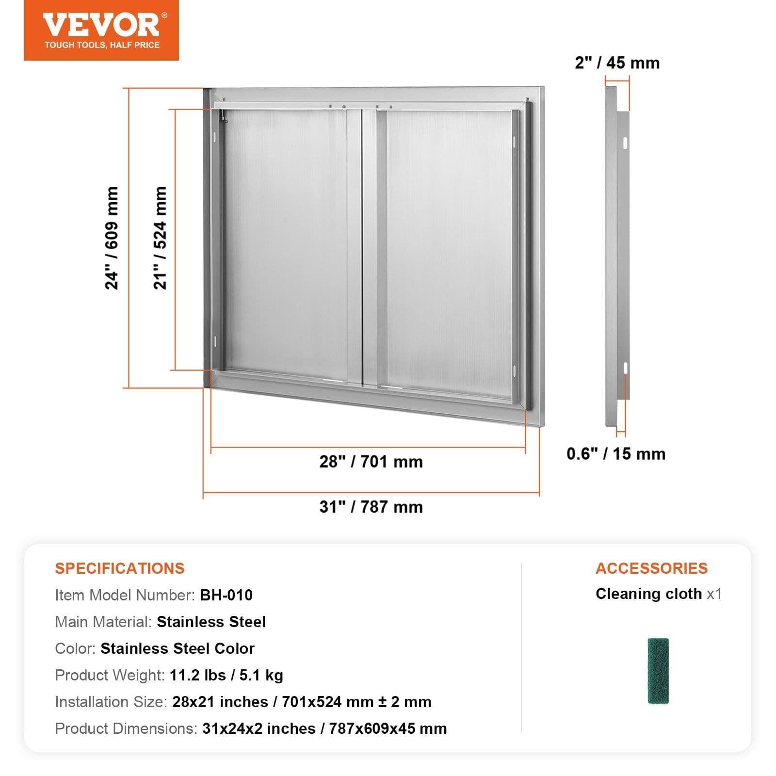 image-VEVOR BBQ Access Door, 31W x 24H Inch Double Outdoor Kitchen Door, Stainless Steel Flush Mount Door, Wall Vertical Door with Recessed Handles , for BBQ Island, Grilling Station, Outside Cabinet