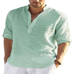 image-Men's Casual Cotton Linen Solid Color Long Sleeve Shirt Loose Stand Collar