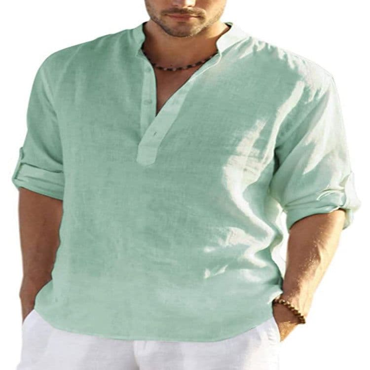 image-Men's Casual Cotton Linen Solid Color Long Sleeve Shirt Loose Stand Collar