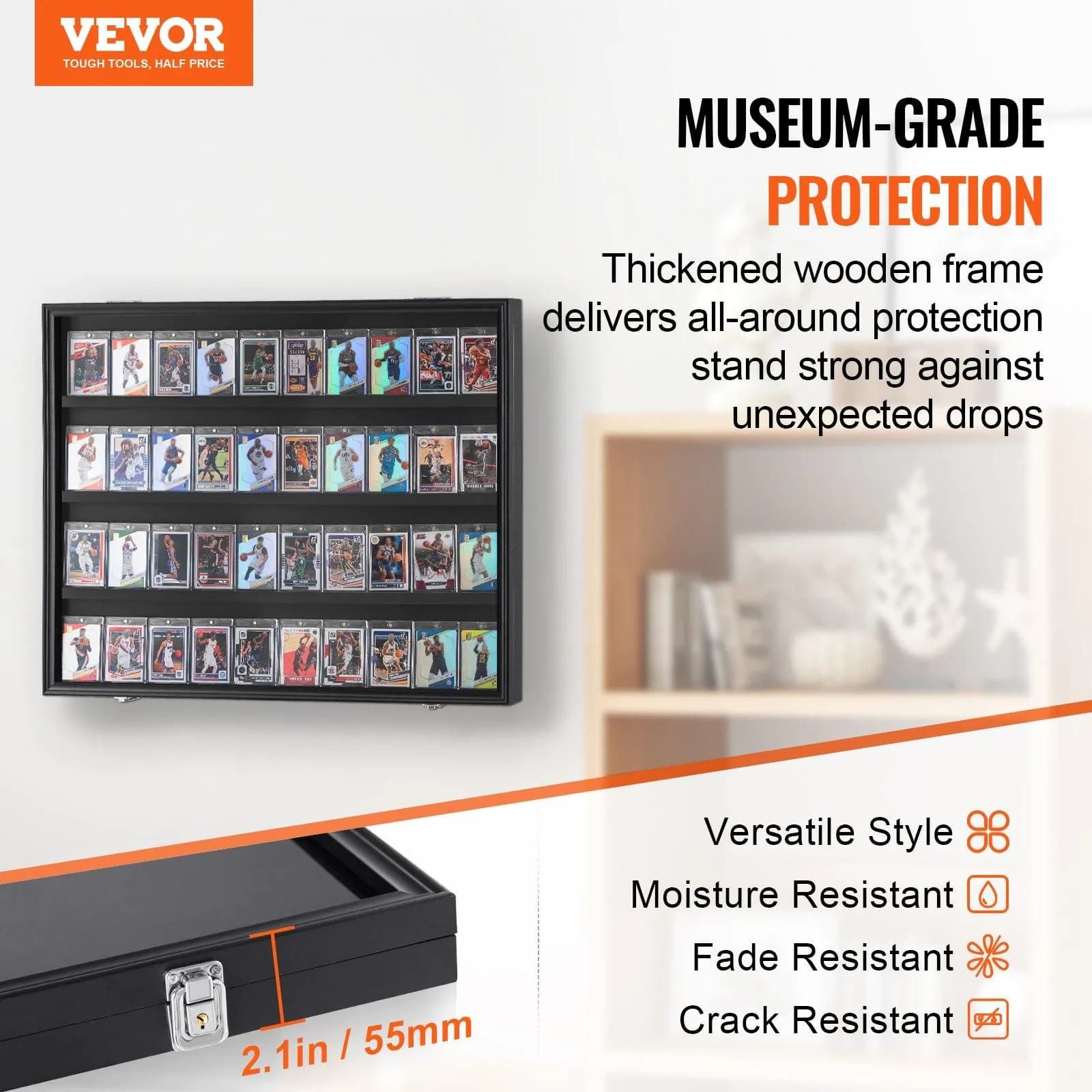image-VEVOR 36 Graded Sports Card Display Case, 30.5x24.3x2.1 in, Baseball Card Display Frame with 98% UV Protection Clear View PC Glass, Lockable Wall Cabinet for Football Basketball Hockey Trading Card