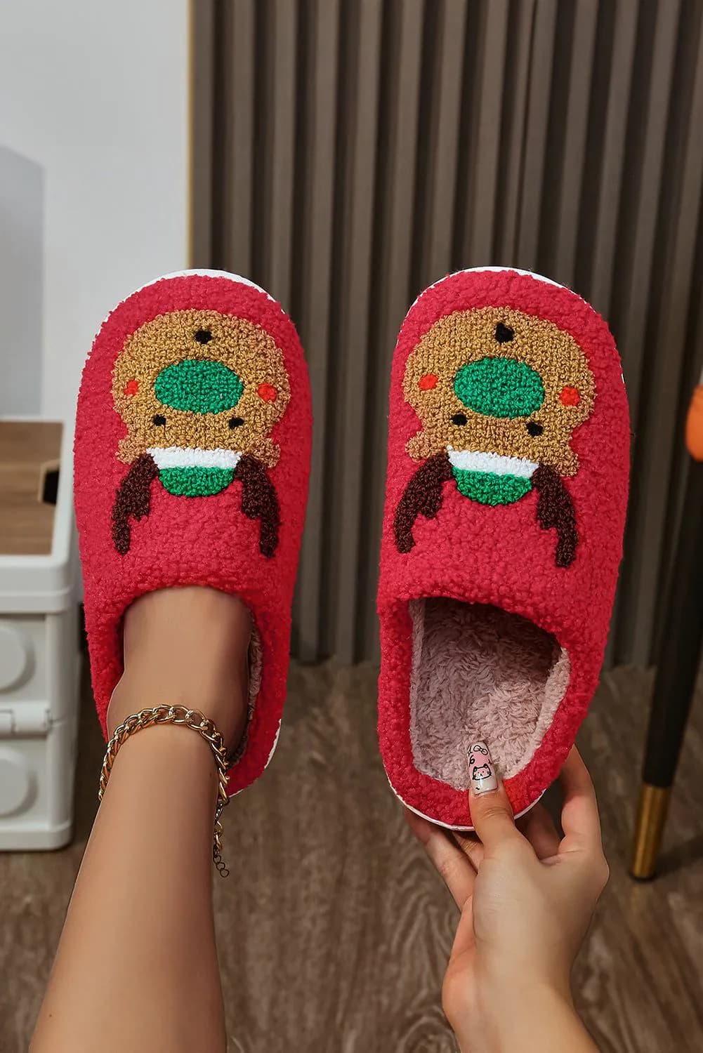 image-Fiery Red Reindeer Plush Slippers Thick Sole