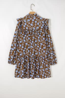image-Brown Floral Print Ruffled Detail Shirt Collar Button Down Long Sleeve Dress