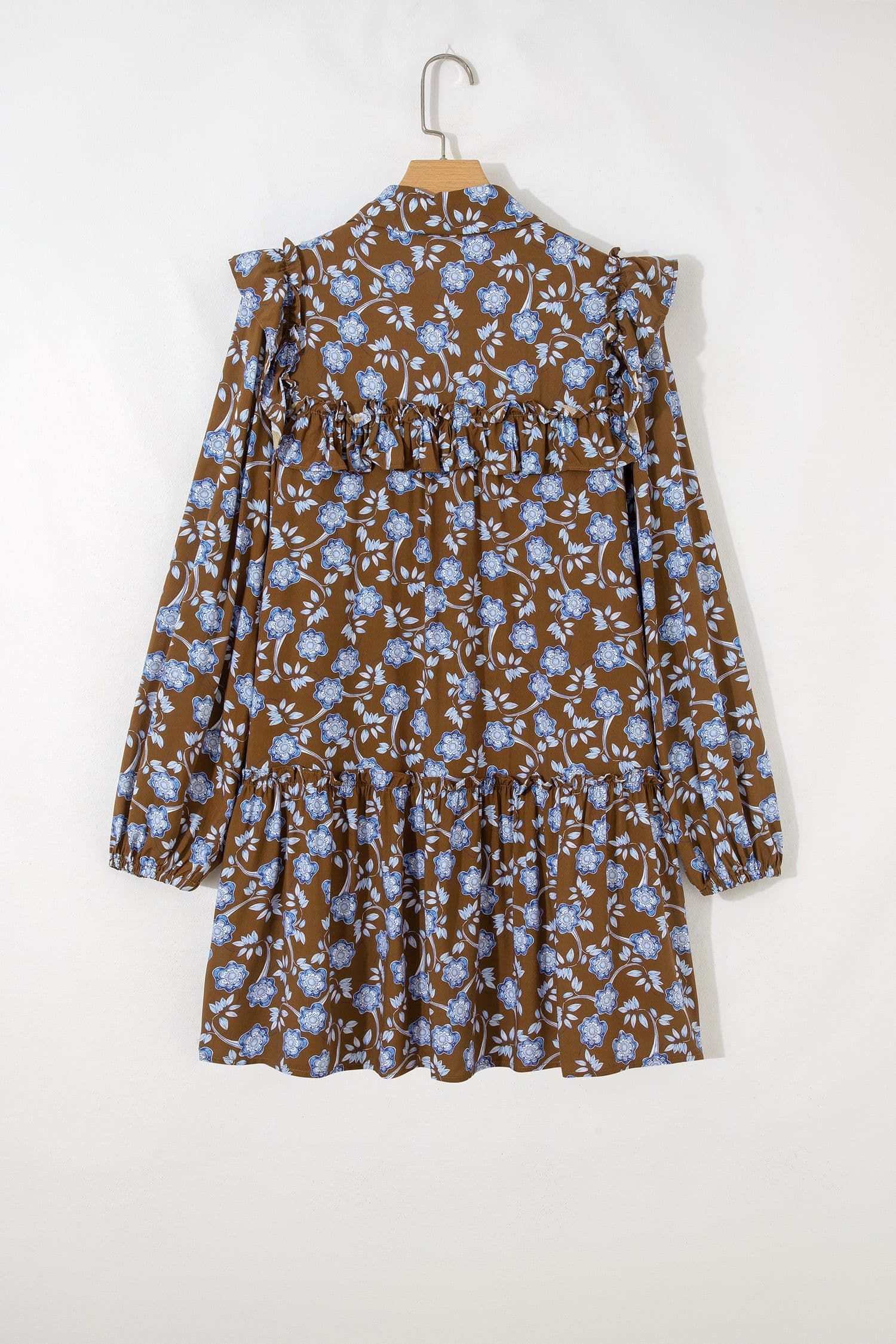 image-Brown Floral Print Ruffled Detail Shirt Collar Button Down Long Sleeve Dress