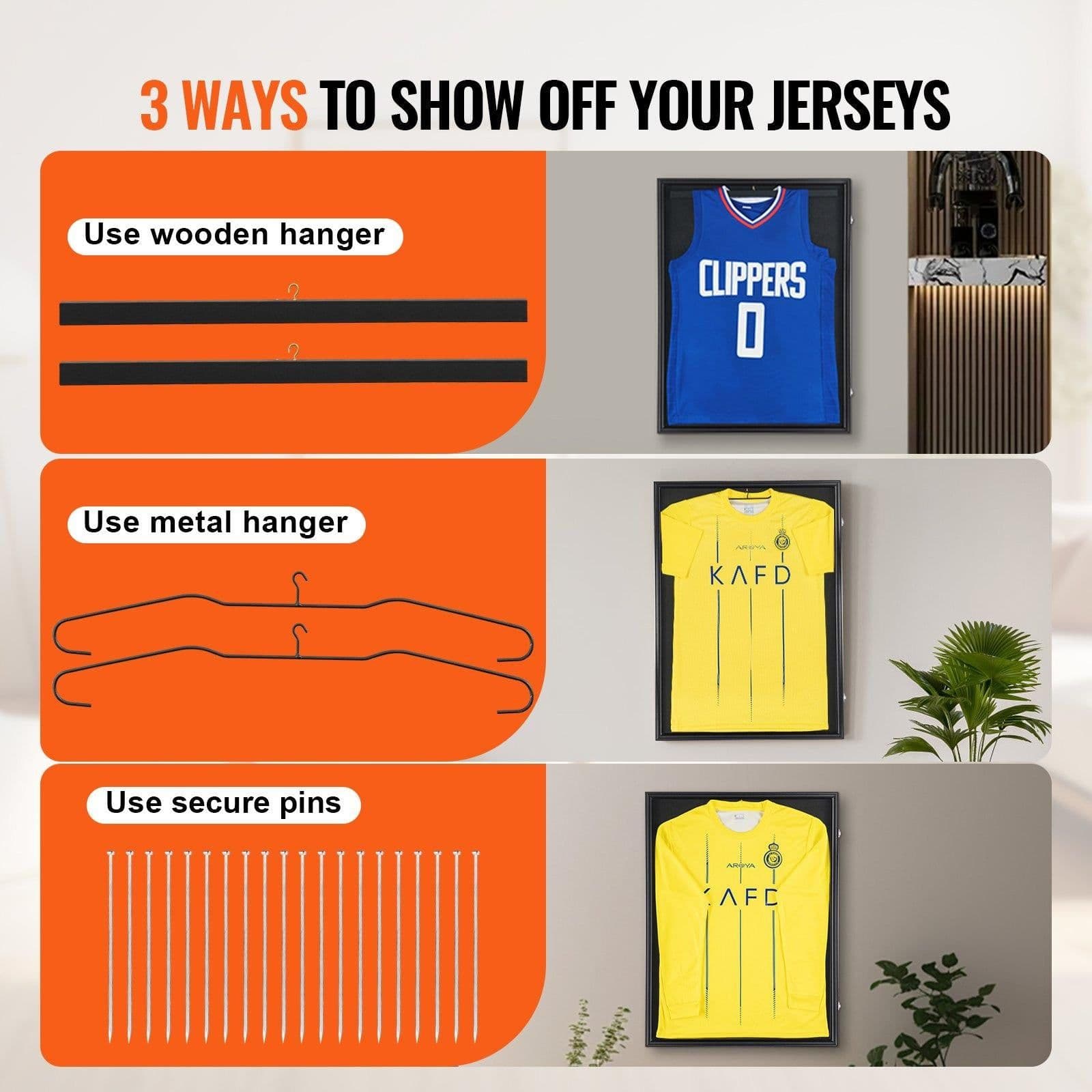 image-VEVOR 2PCs Jersey Display Frame Case, 23.3x31.2x1.5 in, Large Lockable Sport Jersey Shadow Box with 98% UV Protection PC Glass and Hangers, for Baseball Basketball Football Hockey Shirt and Uniform