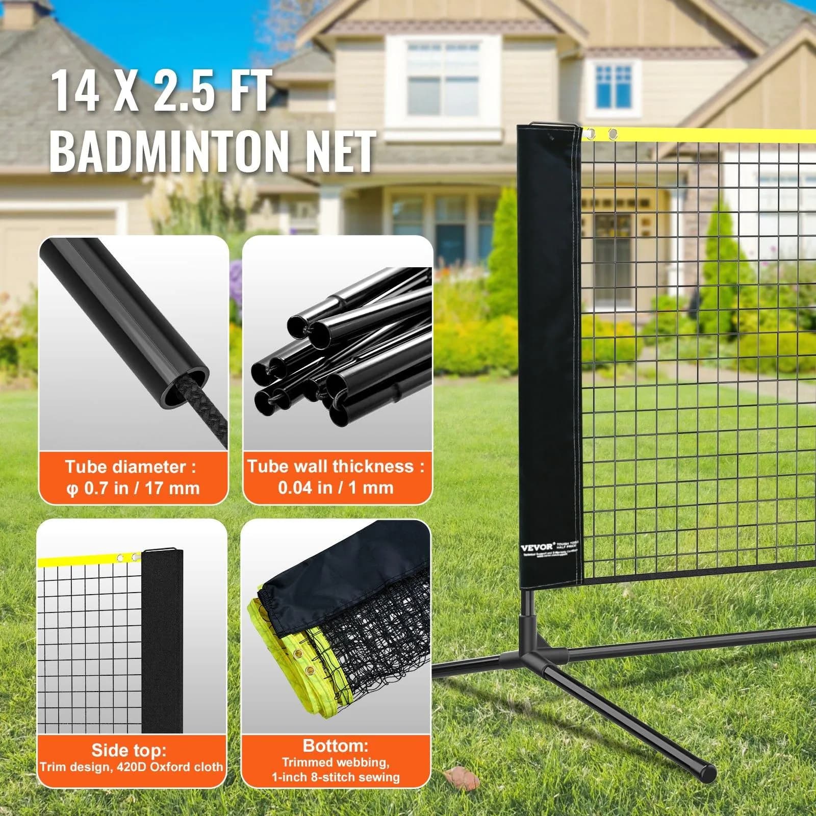 image-VEVOR Badminton Net, Height Adjustable Volleyball Net, 14ft Wide Foldable Pickleball Net, Portable Easy Setup Tennis Net Set with Poles, Stand and Carry Bag, for Kids Backyard Game Indoor Outdoor Use