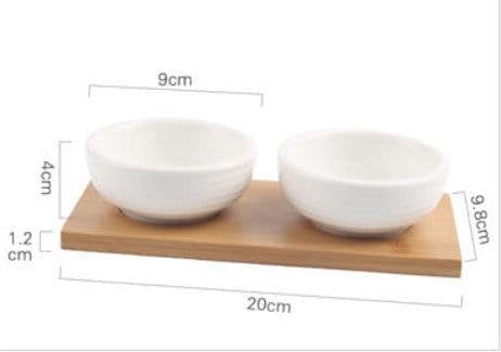 image-Ceramic Divided Serving Dish with Wooden Tray - Porcelain Bowl