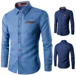 image-Men's Navy Slim Fit Long Sleeve Denim Shirt