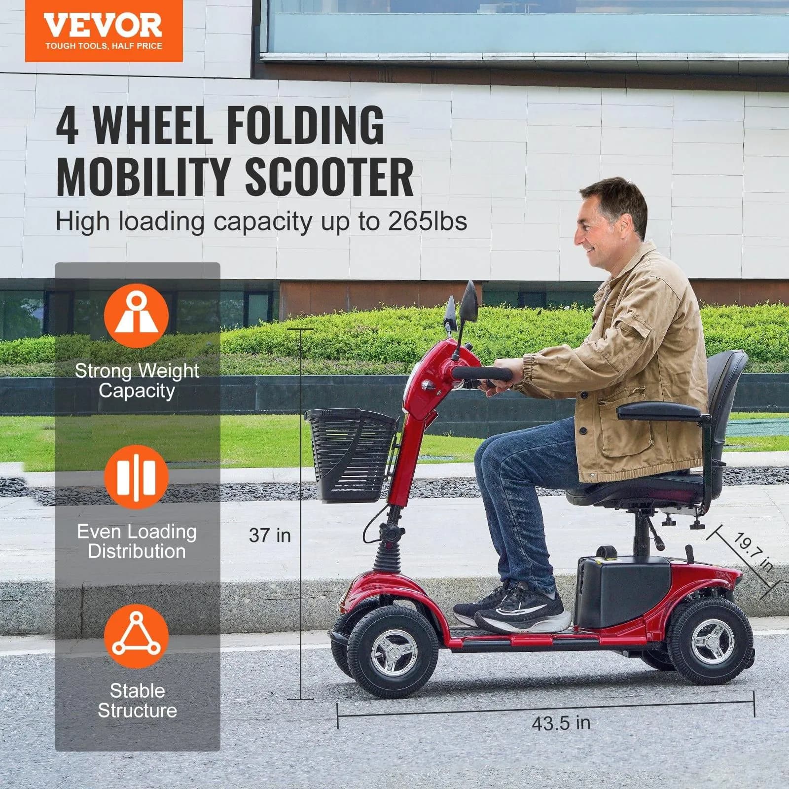 image-VEVOR Heavy-Duty 4 Wheel Mobility Scooter for Seniors 12 Mile Long Range 265LBS