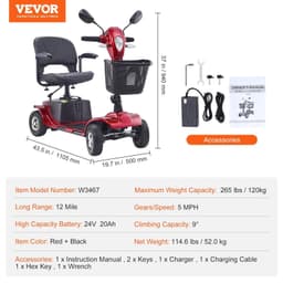 image-VEVOR Heavy-Duty 4 Wheel Mobility Scooter for Seniors 12 Mile Long Range 265LBS