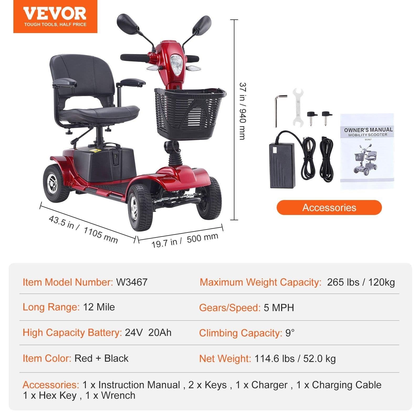 image-VEVOR Heavy-Duty 4 Wheel Mobility Scooter for Seniors 12 Mile Long Range 265LBS