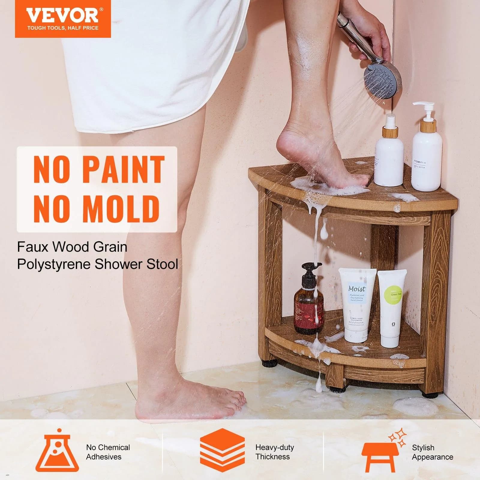 image-VEVOR Corner Shower Bench, 16.5" Height 12.8" Radius, Faux Wood Grain Polystyrene, 350 LBS with Storage Shelf, Water Resistant, Shower Stool for Inside & Outside Shower, for Bathroom, Living Room