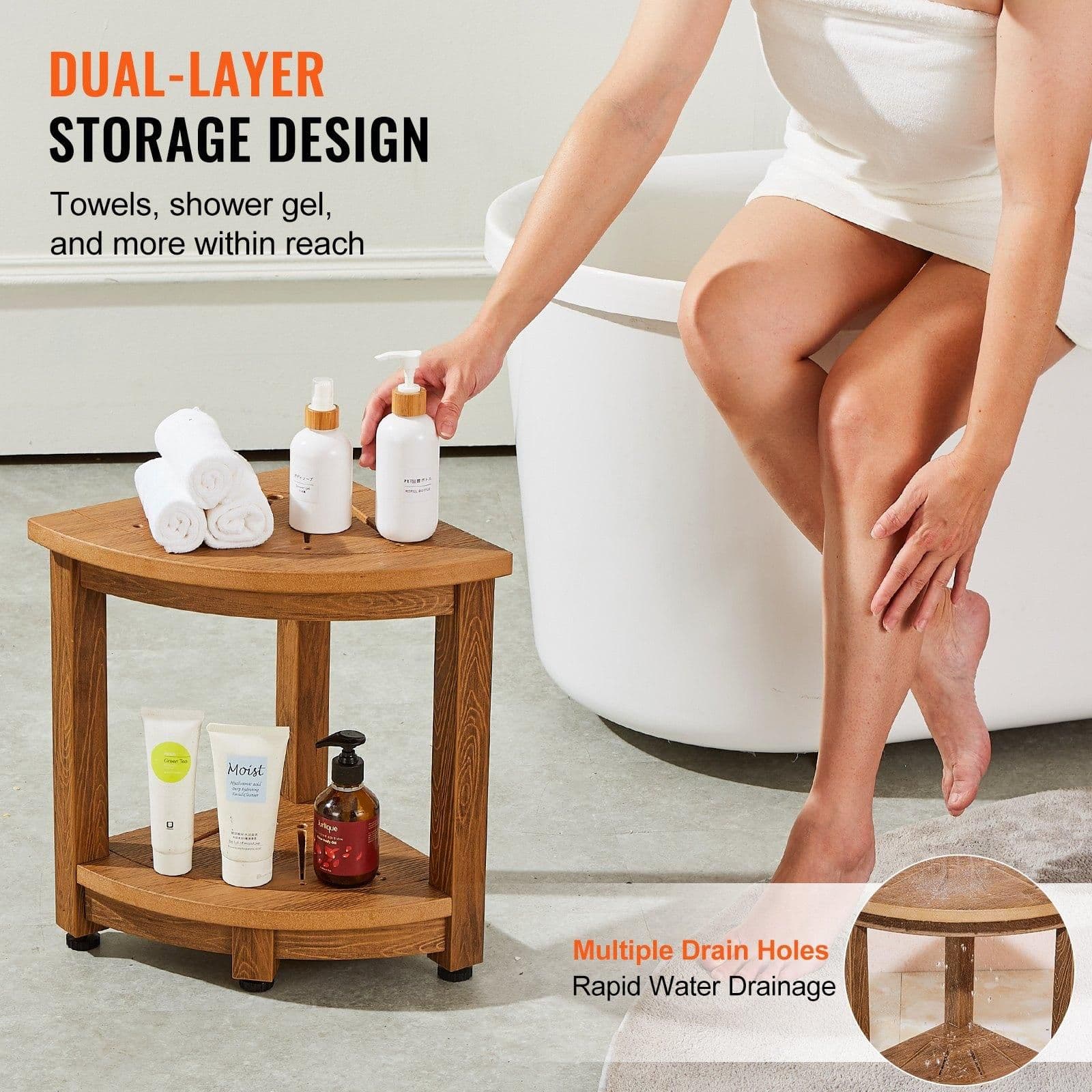 image-VEVOR Corner Shower Bench, 16.5" Height 12.8" Radius, Faux Wood Grain Polystyrene, 350 LBS with Storage Shelf, Water Resistant, Shower Stool for Inside & Outside Shower, for Bathroom, Living Room