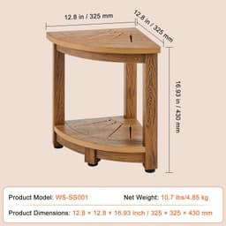 image-VEVOR Corner Shower Bench, 16.5" Height 12.8" Radius, Faux Wood Grain Polystyrene, 350 LBS with Storage Shelf, Water Resistant, Shower Stool for Inside & Outside Shower, for Bathroom, Living Room