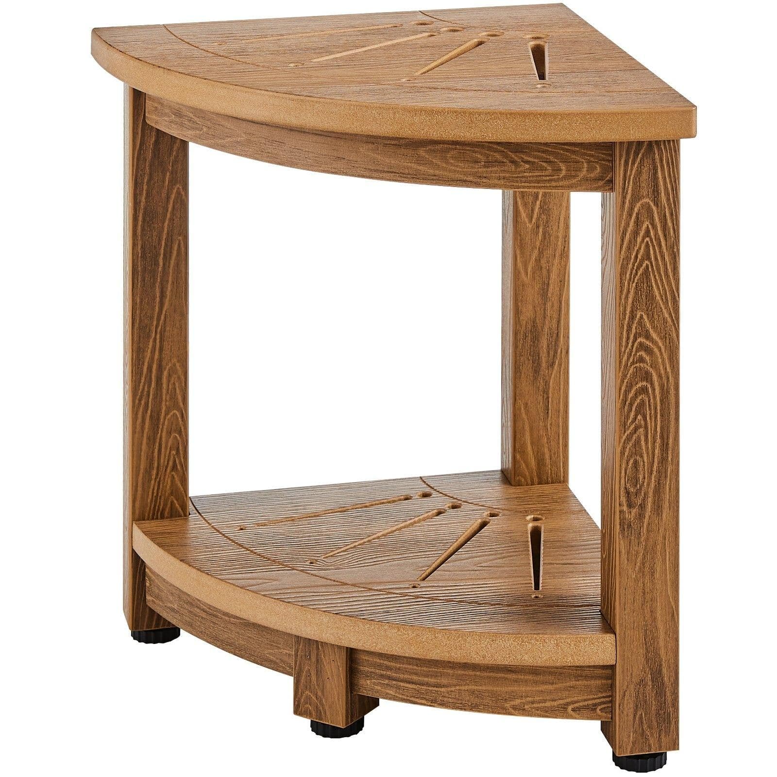 image-VEVOR Corner Shower Bench, 16.5" Height 12.8" Radius, Faux Wood Grain Polystyrene, 350 LBS with Storage Shelf, Water Resistant, Shower Stool for Inside & Outside Shower, for Bathroom, Living Room
