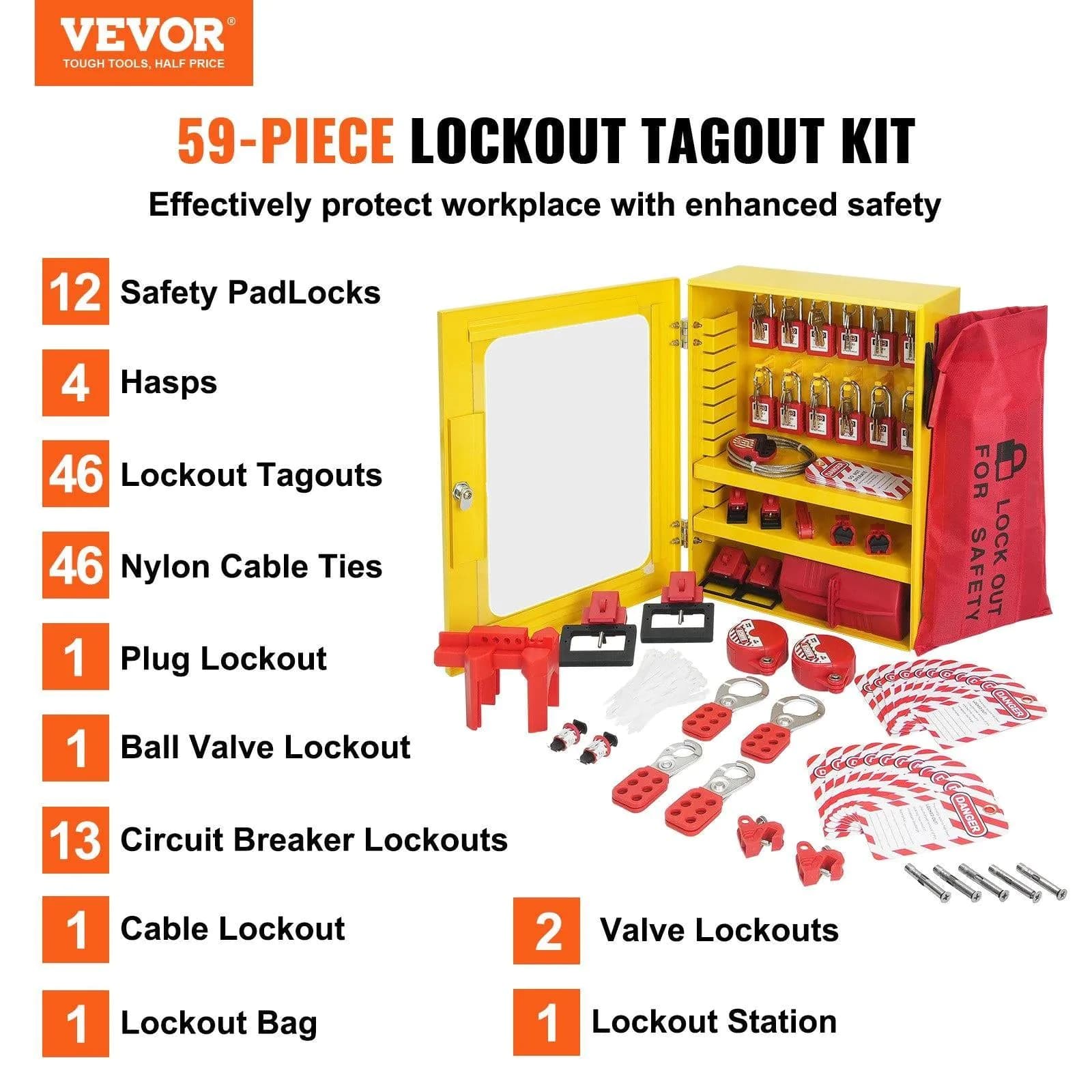 image-VEVOR Electrical Lockout Tagout Kit, 59 PCS Safety Lockout Tagout Station With Padlocks, Hasps, Tags, Ties, Plug Lockout, Circuit Breaker Lockouts, Valve Lockouts, Cable Lockout, Lockout Bag, Box