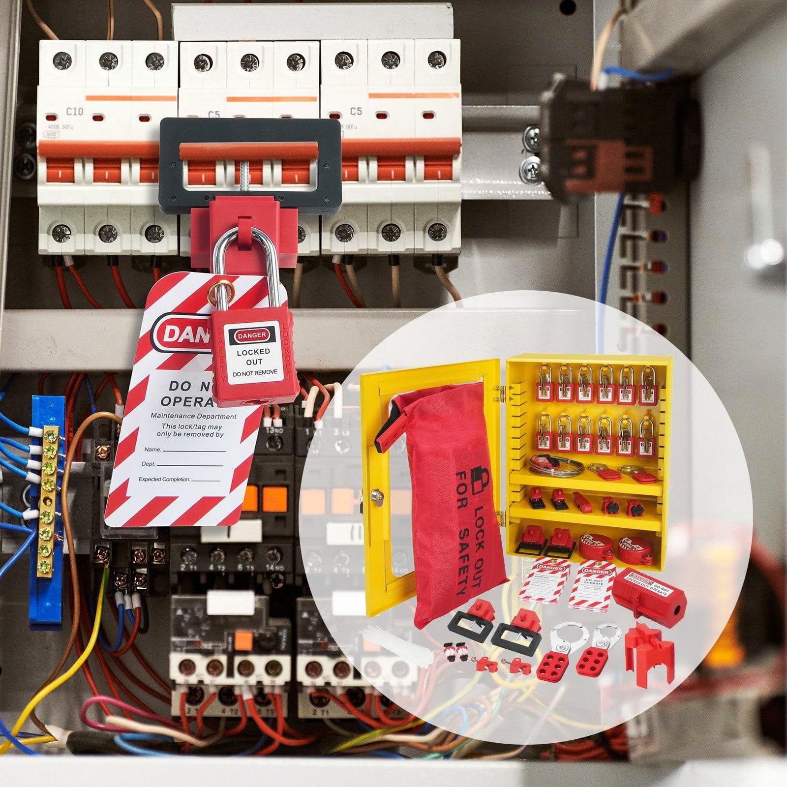 image-VEVOR Electrical Lockout Tagout Kit, 59 PCS Safety Lockout Tagout Station With Padlocks, Hasps, Tags, Ties, Plug Lockout, Circuit Breaker Lockouts, Valve Lockouts, Cable Lockout, Lockout Bag, Box