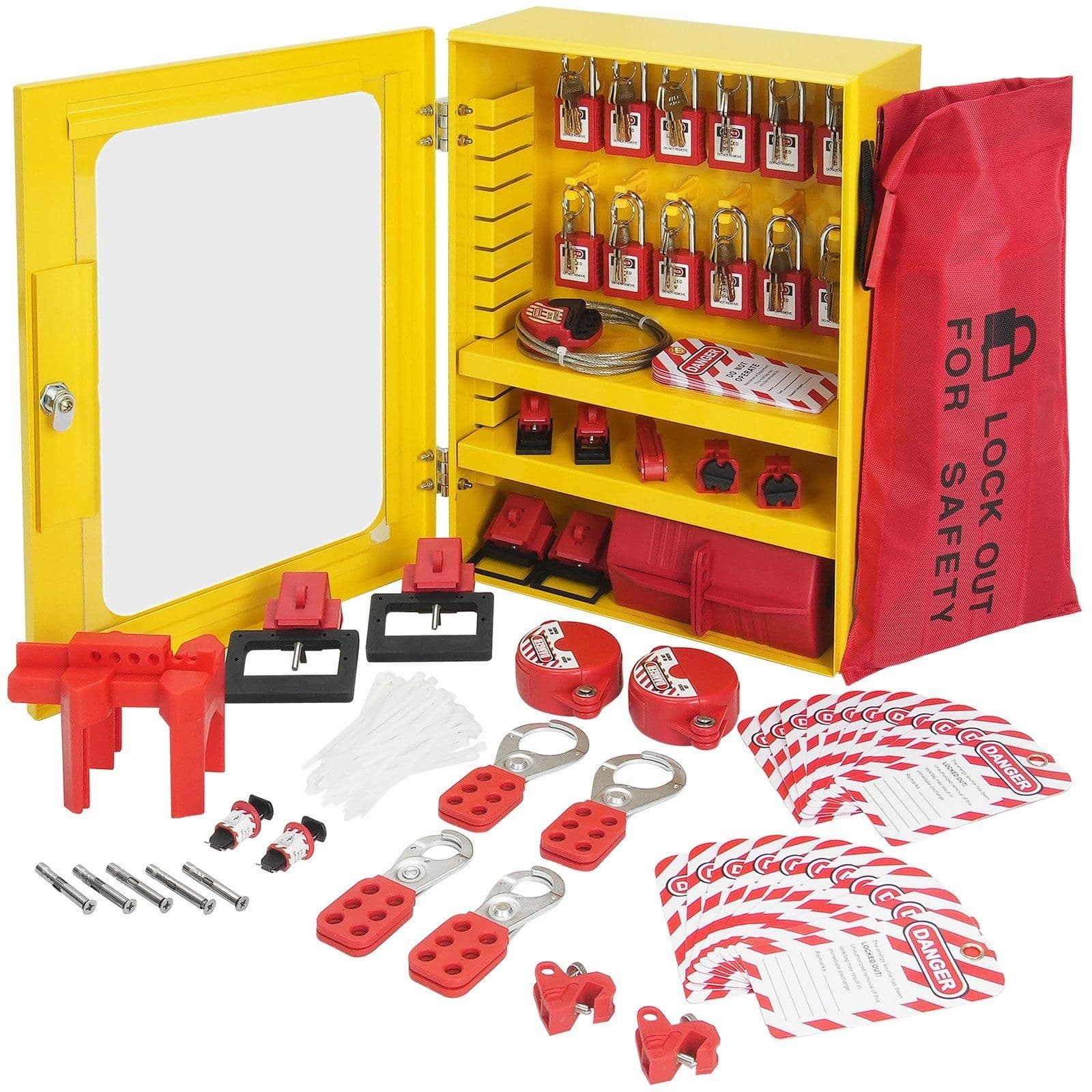 image-VEVOR Electrical Lockout Tagout Kit, 59 PCS Safety Lockout Tagout Station With Padlocks, Hasps, Tags, Ties, Plug Lockout, Circuit Breaker Lockouts, Valve Lockouts, Cable Lockout, Lockout Bag, Box