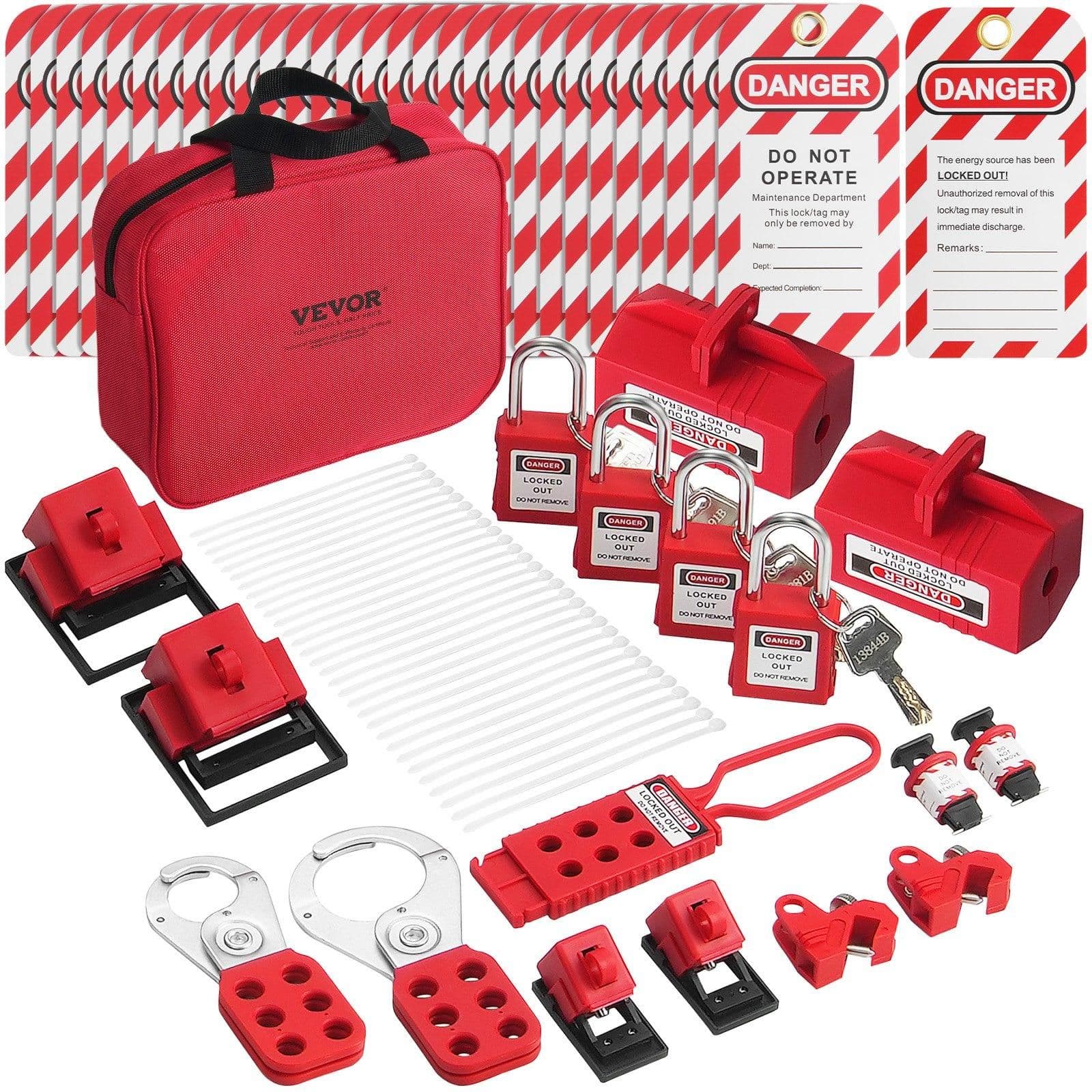 image-VEVOR Electrical Lockout Tagout Kit, 47 PCS Safety Loto Kit Includes Padlocks, Hasps, Tags, Nylon Ties, Plug Lockouts, Circuit Breaker Lockouts, and Carrying Bag, for Industrial, Electric Power