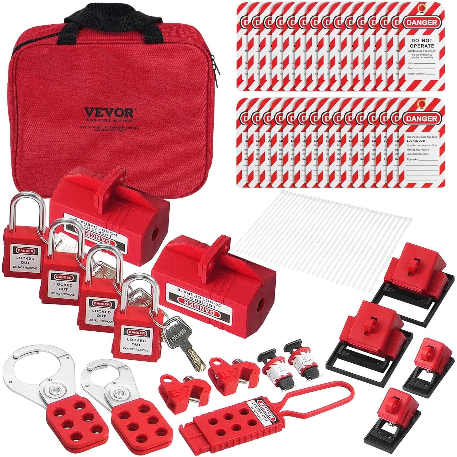 image-VEVOR Electrical Lockout Tagout Kit, 47 PCS Safety Loto Kit Includes Padlocks, Hasps, Tags, Nylon Ties, Plug Lockouts, Circuit Breaker Lockouts, and Carrying Bag, for Industrial, Electric Power