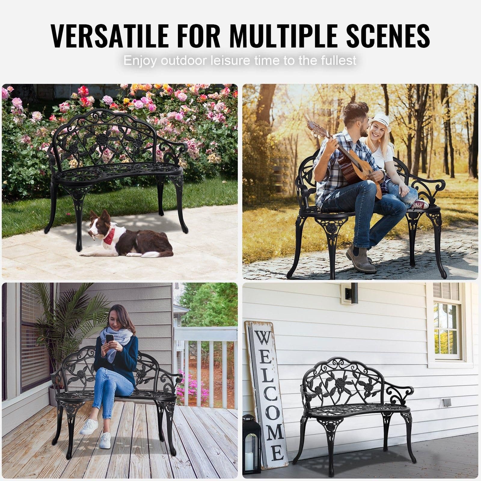 image-VEVOR Outdoor Bench, 38.8 inches Metal Garden Bench for Outdoors,480 lbs Load Capacity Bench, Outdoor Garden Park Bench with Backrest and Armrests, Patio Bench for Garden, Park, Yard, Front Porch