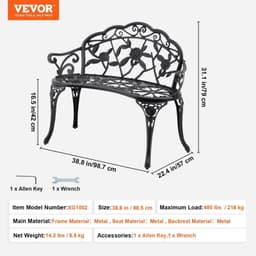image-VEVOR Outdoor Bench, 38.8 inches Metal Garden Bench for Outdoors,480 lbs Load Capacity Bench, Outdoor Garden Park Bench with Backrest and Armrests, Patio Bench for Garden, Park, Yard, Front Porch