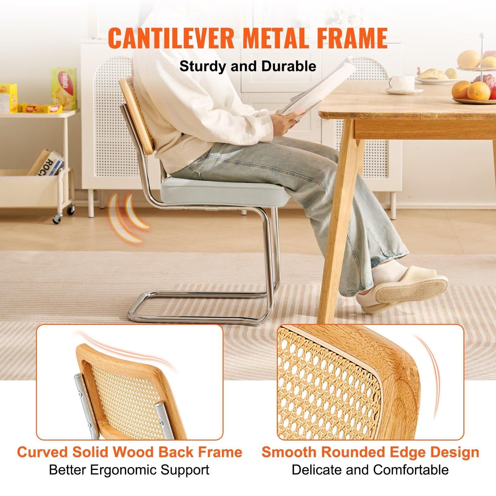 image-VEVOR Rattan Dining Chairs Set of 2, Mid Century Modern Dining Chair, Upholstered Velvet Accent Chair with Rattan Back, Retro Dining Room Kitchen Chair for Living Room, Bedroom, Office (18.1 Inch)