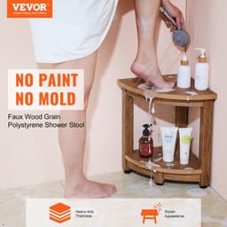 image-VEVOR Corner Shower Bench, 16.5" Height 12.8" Radius, Faux Wood Grain Polystyrene, 350 LBS with Storage Shelf, Water Resistant, Shower Stool for Inside & Outside Shower, for Bathroom, Living Room