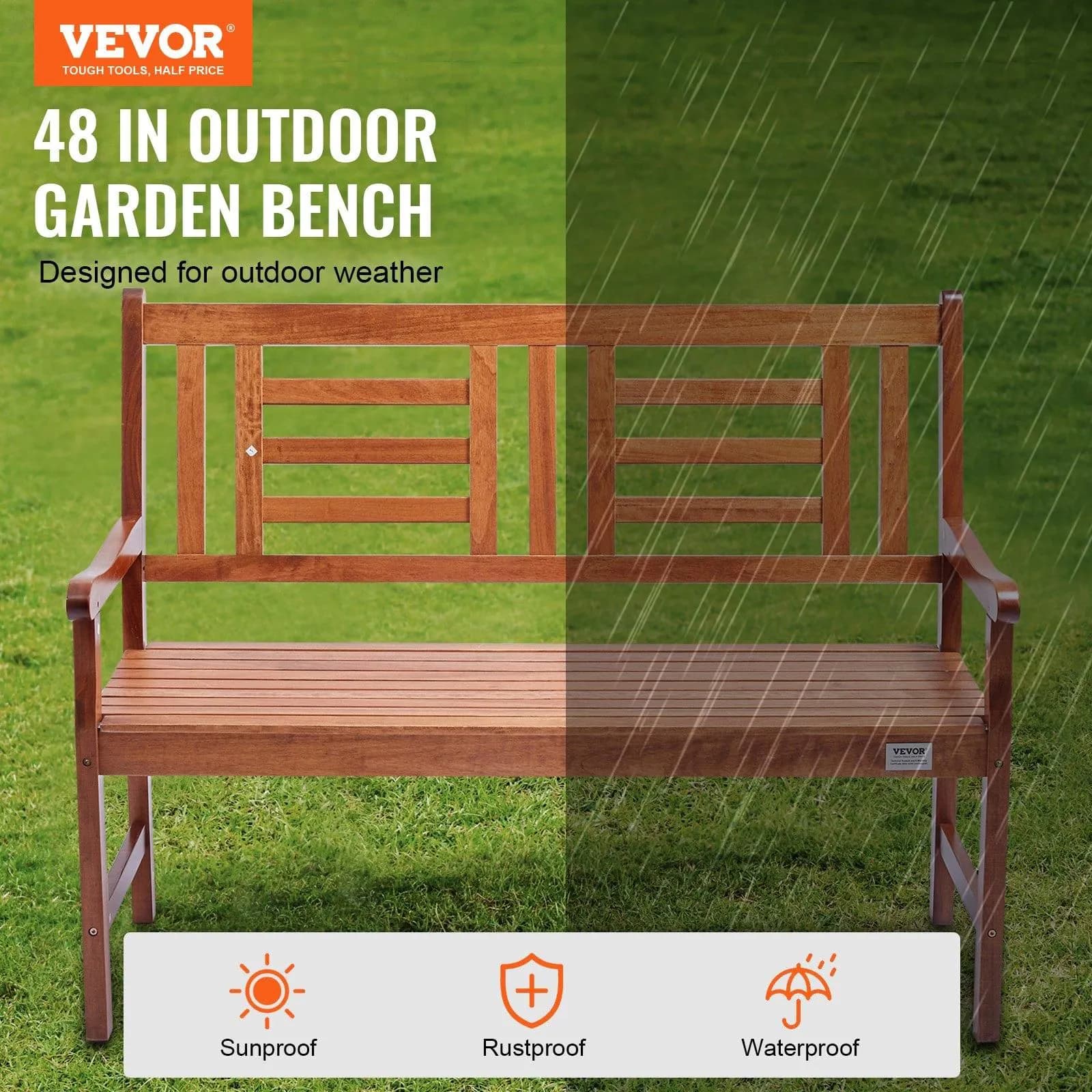 image-VEVOR Outdoor Bench, 48 inches Wood Garden Bench for Outdoors, Outdoor Garden Park Bench with Backrest and Armrests, 700 lbs Load Capacity Bench, Patio Bench for Garden, Park, Yard, Front Porch