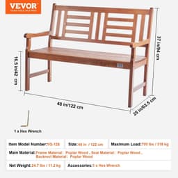 image-VEVOR Outdoor Bench, 48 inches Wood Garden Bench for Outdoors, Outdoor Garden Park Bench with Backrest and Armrests, 700 lbs Load Capacity Bench, Patio Bench for Garden, Park, Yard, Front Porch