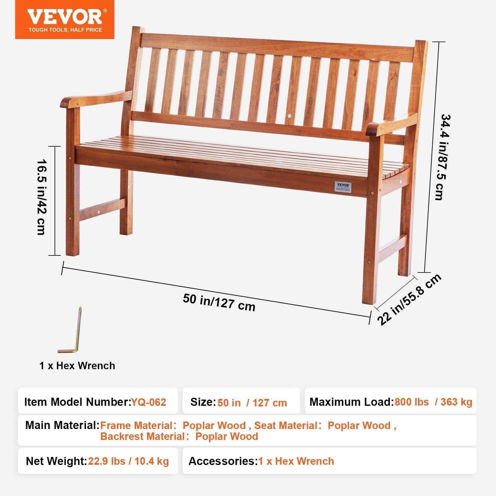 image-VEVOR Outdoor Bench, 50 inches Wood Garden Bench for Outdoors, Outdoor Garden Park Bench with Backrest and Armrests, 800 lbs Load Capacity Bench, Patio Bench for Garden, Park, Yard, Front Porch