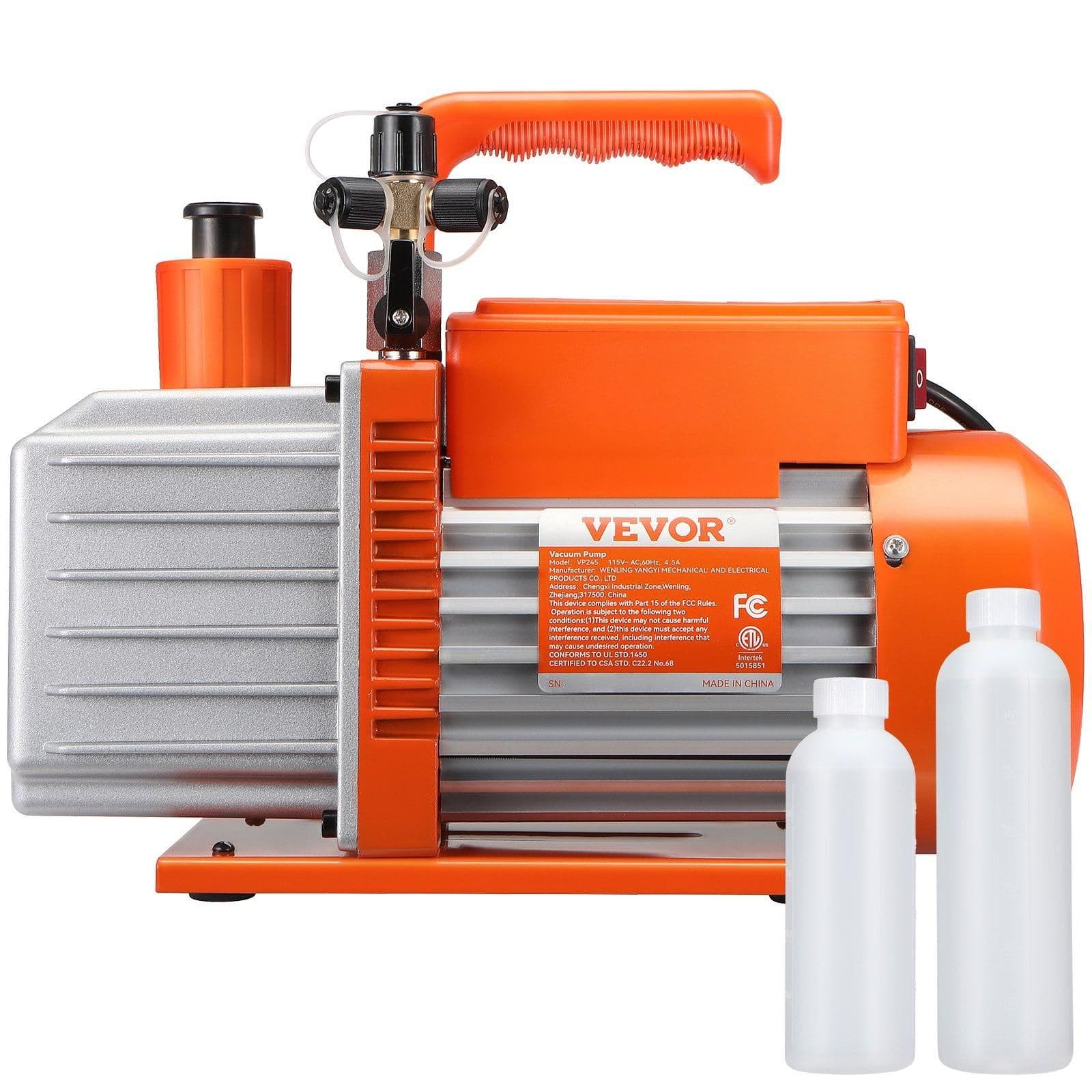 image-VEVOR 1/2 HP 2 Stage Rotary Vane Vacuum Pump, 5 CFM, 115V Air Conditioning Vacuum Pump, 1/4" SAE Male 3/8" SAE Male 1/2" ACME Male Inlet, for HVAC Repair, Refrigeration Maintenance, Resin Degassing