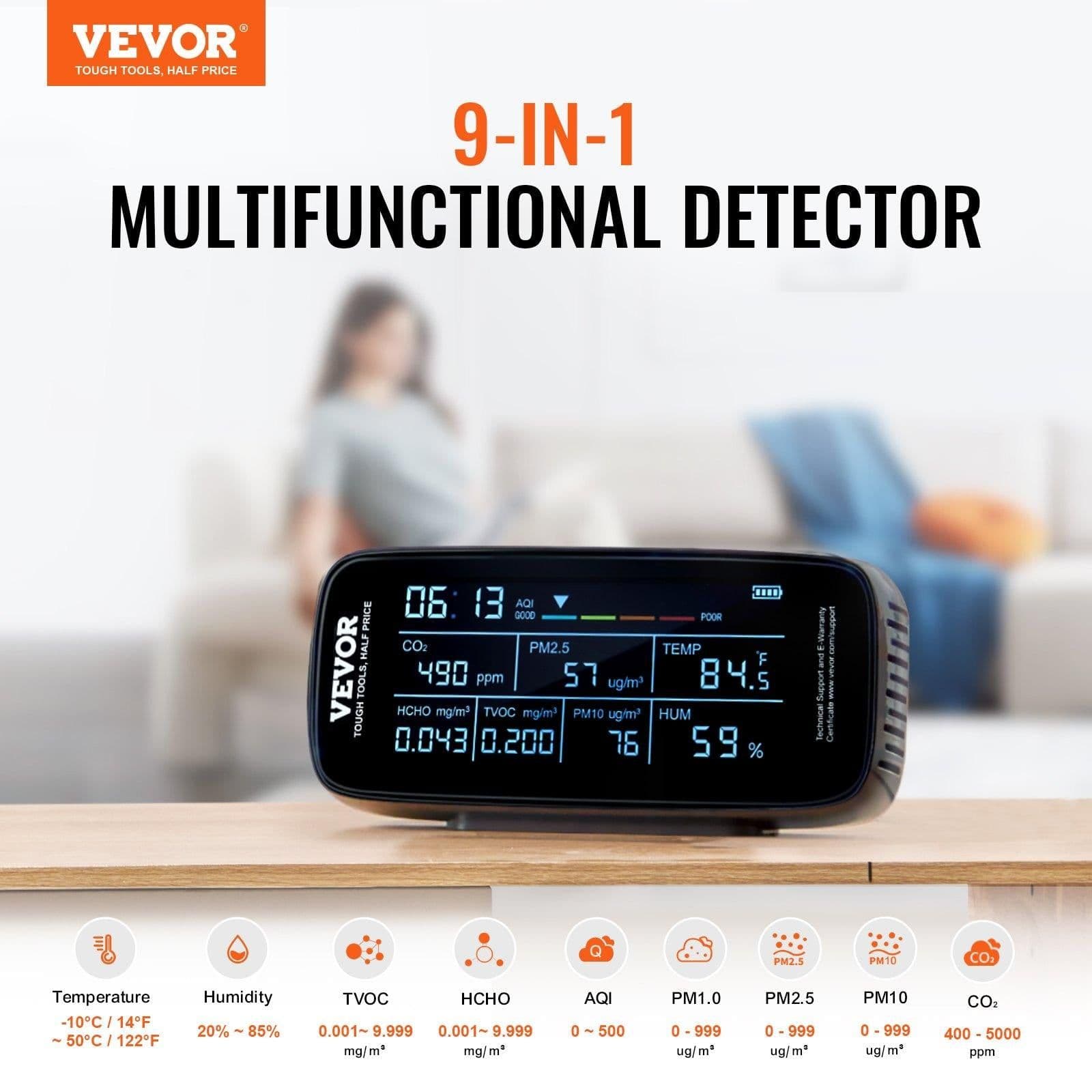 image-VEVOR Air Quality Monitor 9-IN-1, CO2, Temperature, Humidity, Formaldehyde TVOC AQI Tester, Professional PM2.5 PM10 PM1.0 Particle Counter for Indoor/Outdoor, Air Quality Meter w/Alarm Thresholds