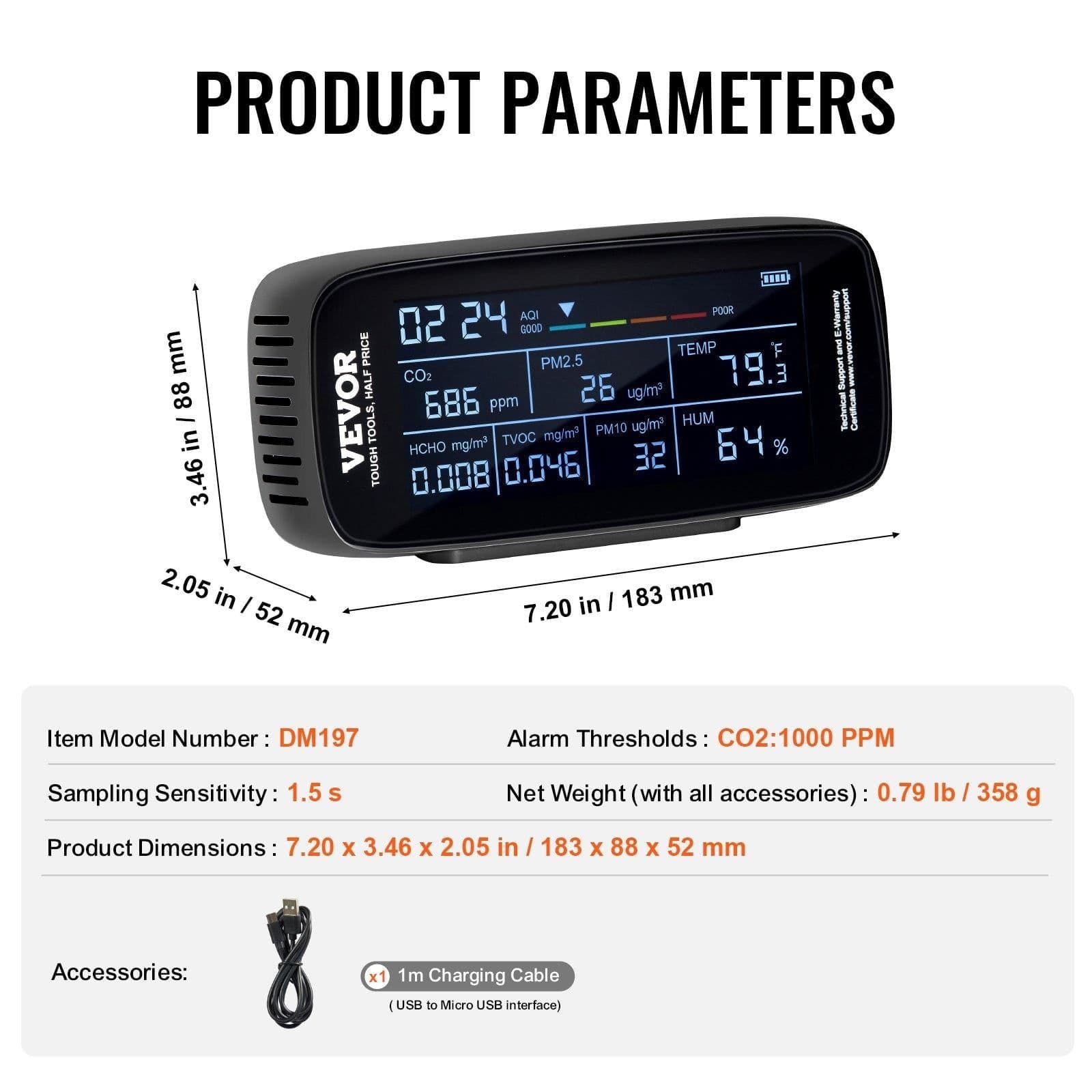 image-VEVOR Air Quality Monitor 9-IN-1, CO2, Temperature, Humidity, Formaldehyde TVOC AQI Tester, Professional PM2.5 PM10 PM1.0 Particle Counter for Indoor/Outdoor, Air Quality Meter w/Alarm Thresholds