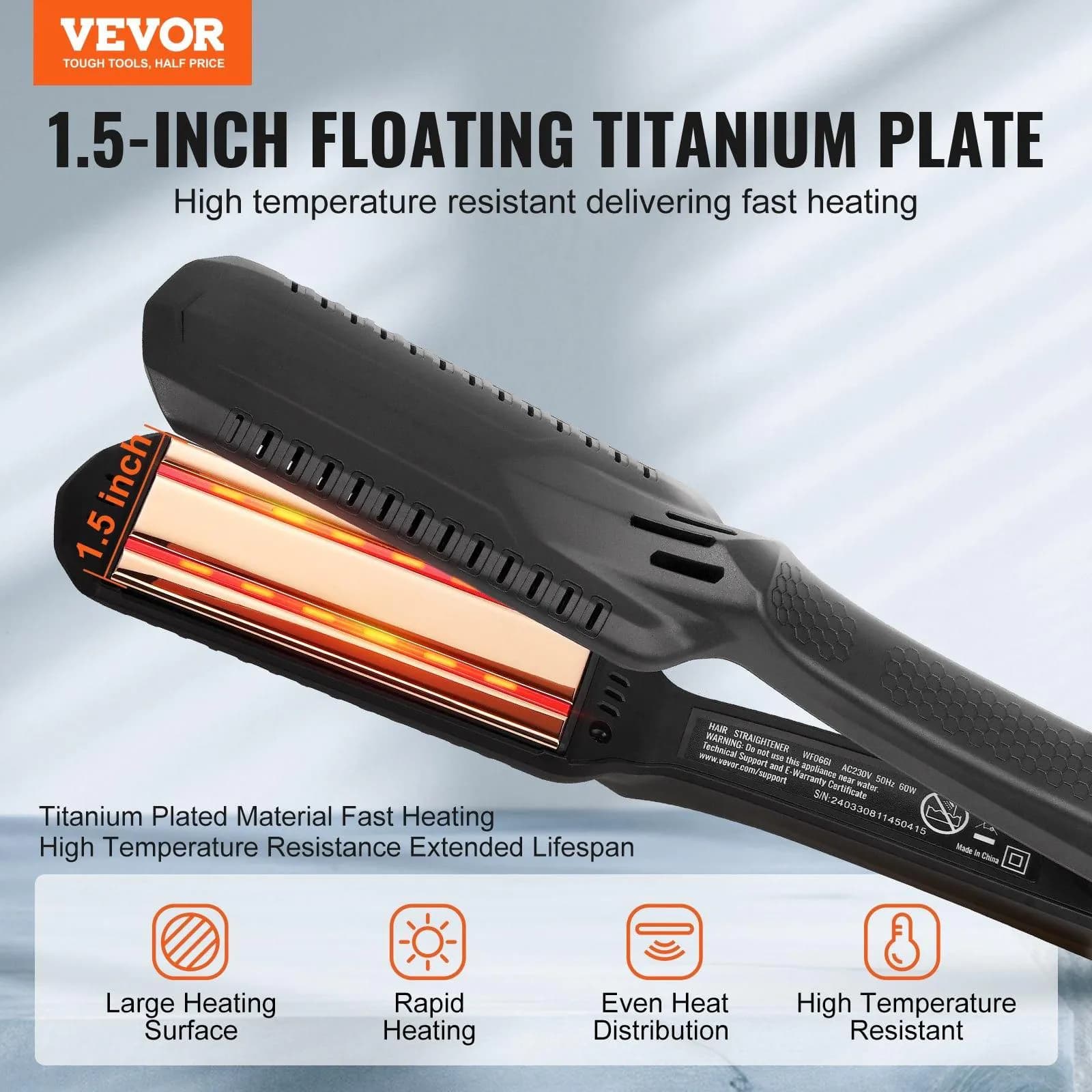 image-VEVOR Hair Straightener, 1.5-inch Titanium Flat Iron, Dual Infrared Hair Straightener Flat Iron with LCD Display and 19 Temp Levels - 210°F to 450°F, Fast Heating Hair Iron for Salon Home Travel Use