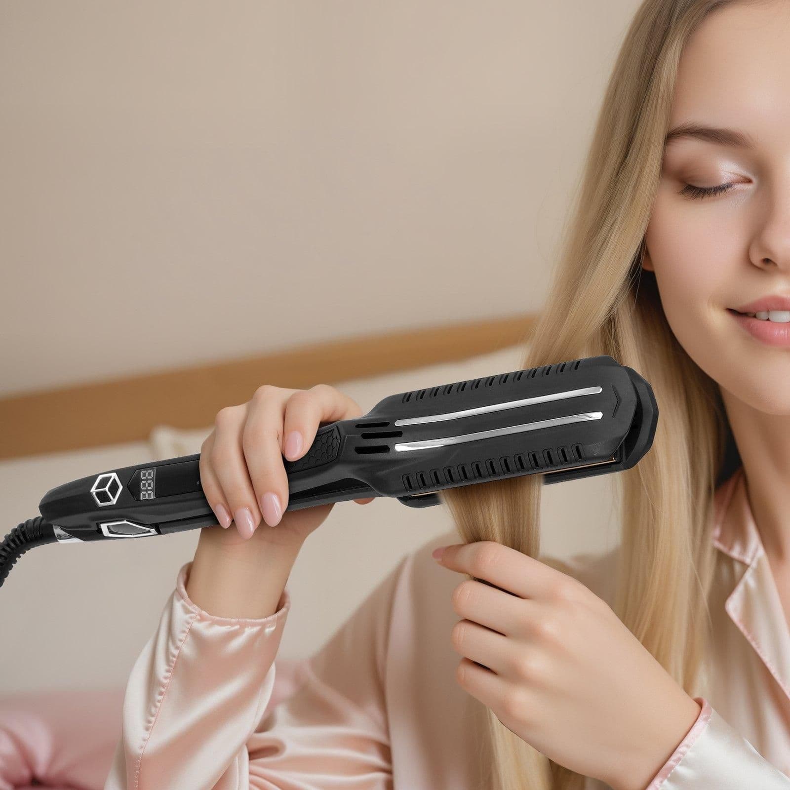 image-VEVOR Hair Straightener, 1.5-inch Titanium Flat Iron, Dual Infrared Hair Straightener Flat Iron with LCD Display and 19 Temp Levels - 210°F to 450°F, Fast Heating Hair Iron for Salon Home Travel Use