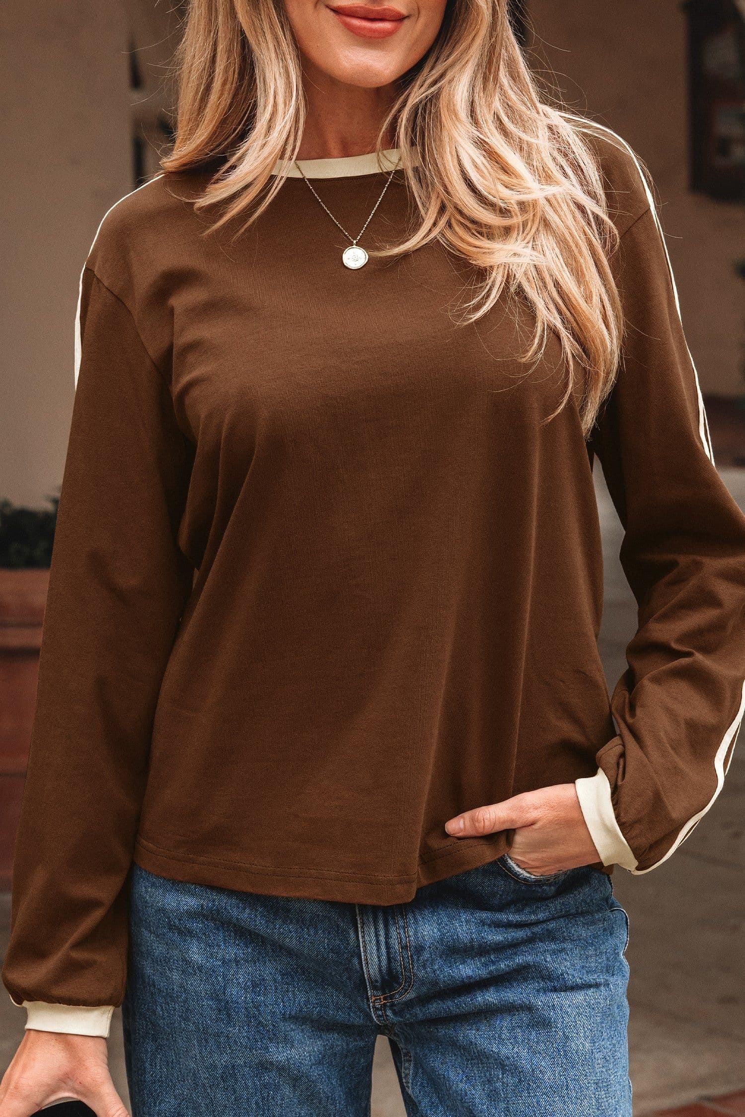 image-Fiery Red Varsity Striped Accent Contrast Crew Neck Long Sleeve T Shirt