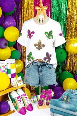 image-White Mardi Gras Fleur De Lis Sequin Graphic T-Shirt - White