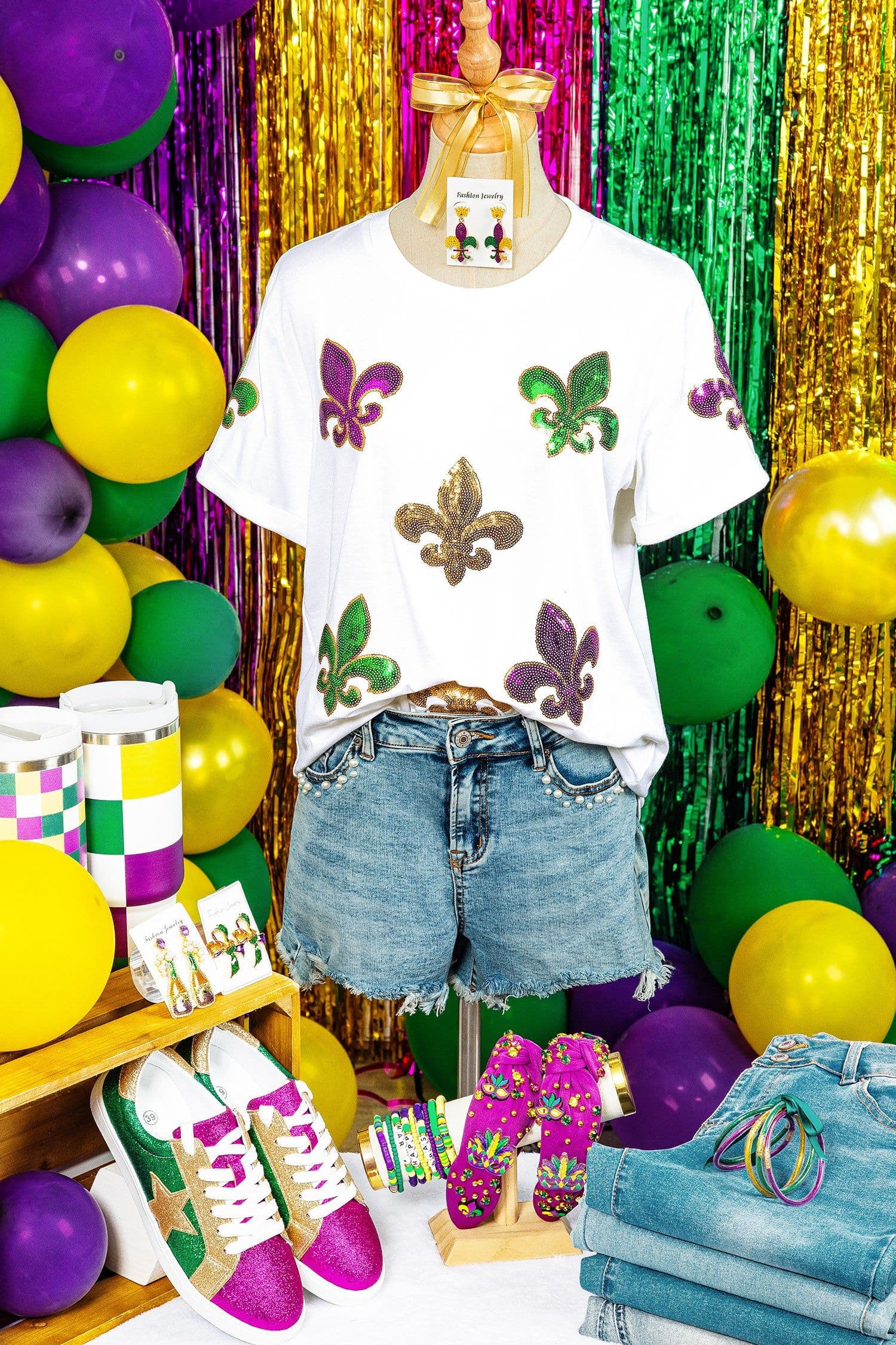 image-White Mardi Gras Fleur De Lis Sequin Graphic T-Shirt - White